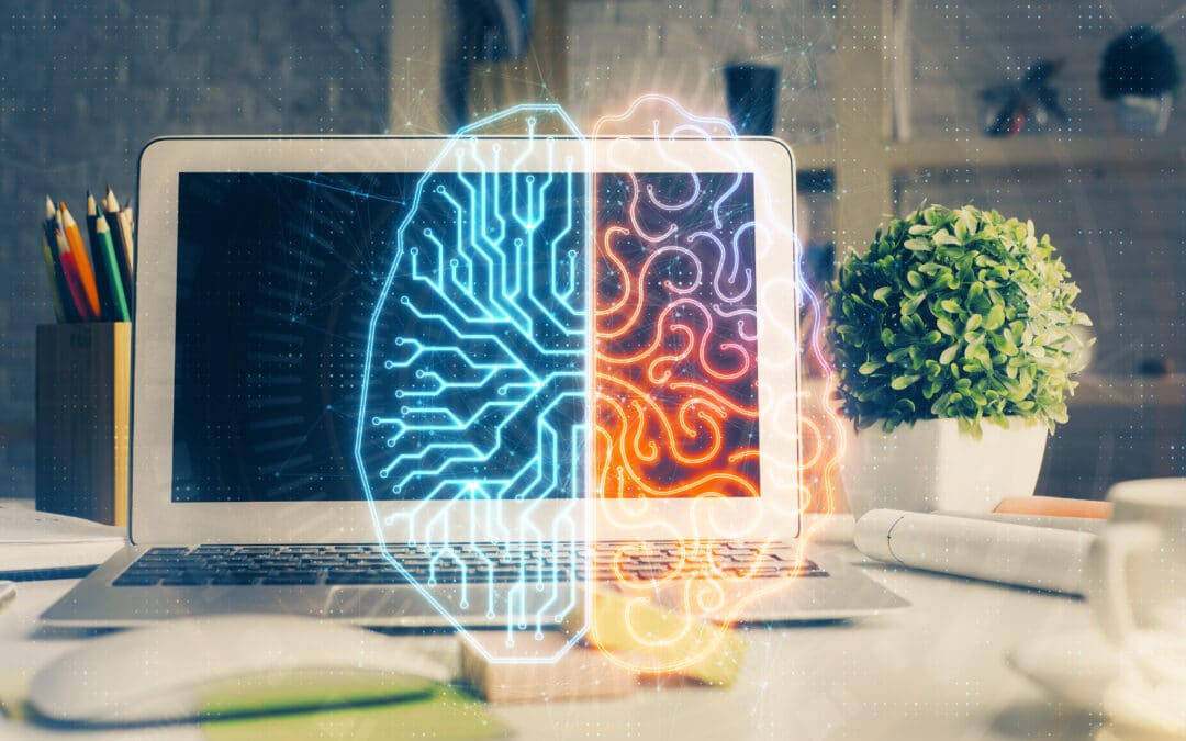 Double exposure of work space with computer and human brain drawing hologram. Brainstorm concept.